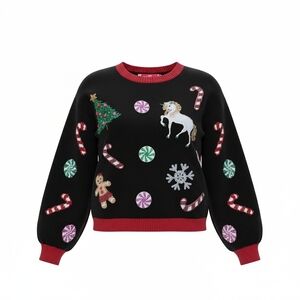 33 Degrees Festive Holiday Unicorn & Candy Sweater Red Trim Girls Sizes XS S M
